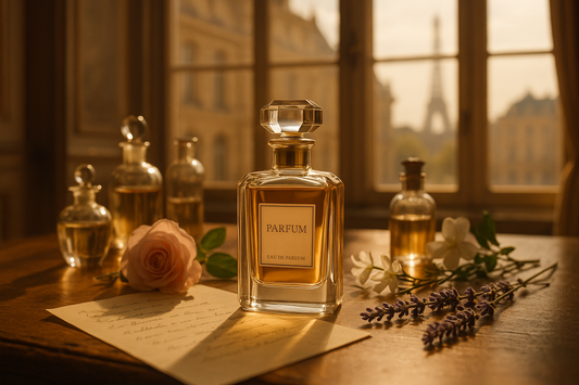 Luxueux flacon de parfum français posé sur une table ancienne à Paris, fleurs de rose, jasmin et lavande autour — Pourquoi les Français ont inventé le parfum et comment cet art est né en France.