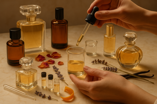 Atelier parfum fait main — flacons de parfum artisanaux, pipette versant des huiles parfumées dans un bécher, fleurs séchées et ingrédients naturels sur table — Comment mélanger les parfums et créer sa propre fragrance maison.