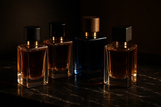 Elegant luxury men’s perfume bottles on dark marble with warm golden light, sophisticated masculine fragrance display with leather and wood details, cinematic 4K product photo.