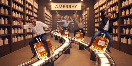 Scène animée dans une boutique Amerray avec des clients enthousiastes autour du meilleur vendeur de parfums au Maroc.