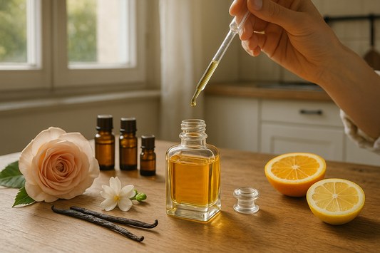 Création artisanale de parfum maison — main versant des huiles essentielles avec pipette dans un flacon en verre, entouré de rose, fleurs blanches, vanille et agrumes — Comment faire un parfum maison facilement.