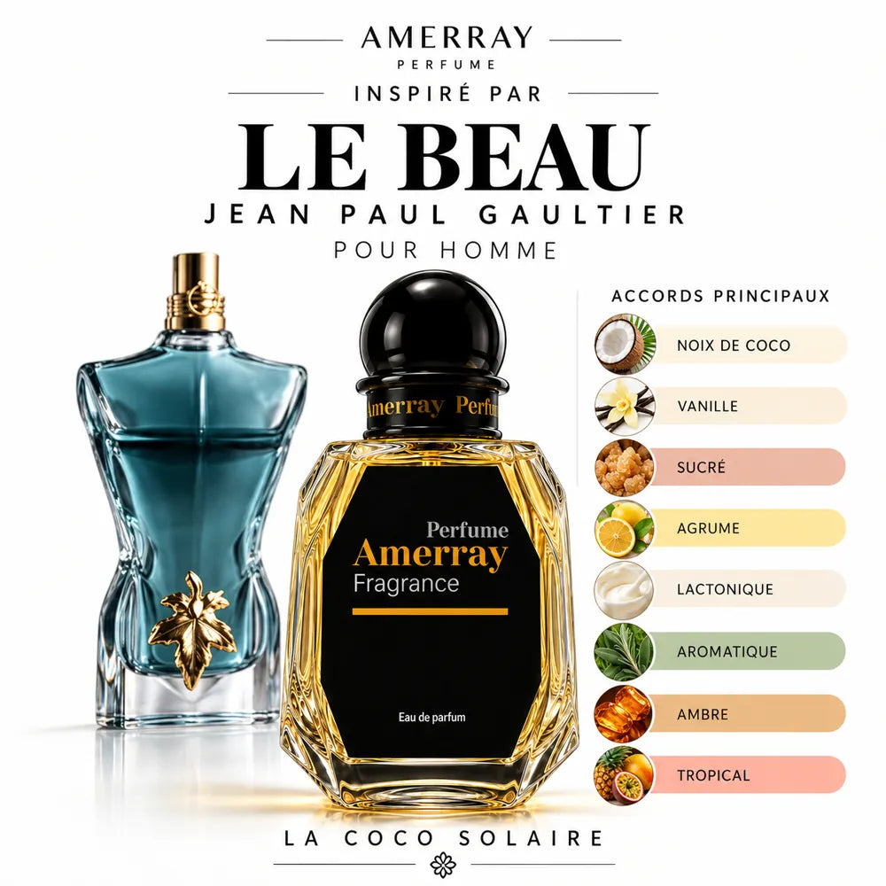 Amerray inspiré par Le Beau Jean Paul Gaultier – accords noix de coco · vanille · sucré · agrume · lactonique · aromatique · ambre · tropical