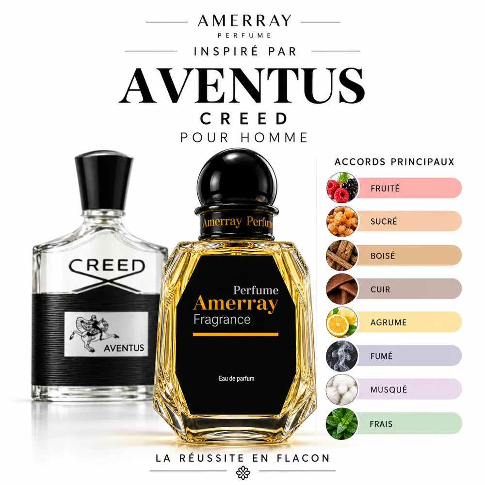 Amerray inspiré par Aventus Creed – accords fruité · sucré · boisé · cuir · agrume · fumé · musqué · frais