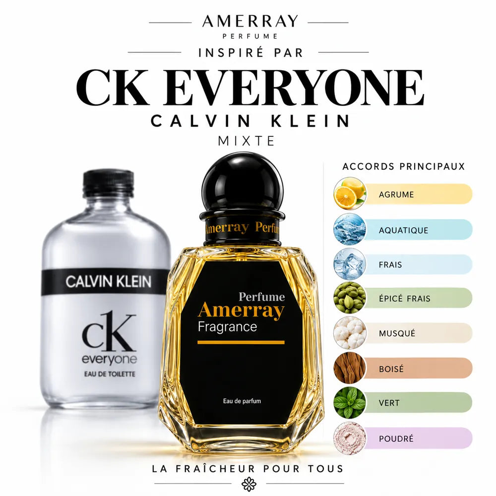 Amerray inspiré par CK Everyone Calvin Klein – accords agrume · aquatique · frais · épicé frais · musqué · boisé · vert · poudré