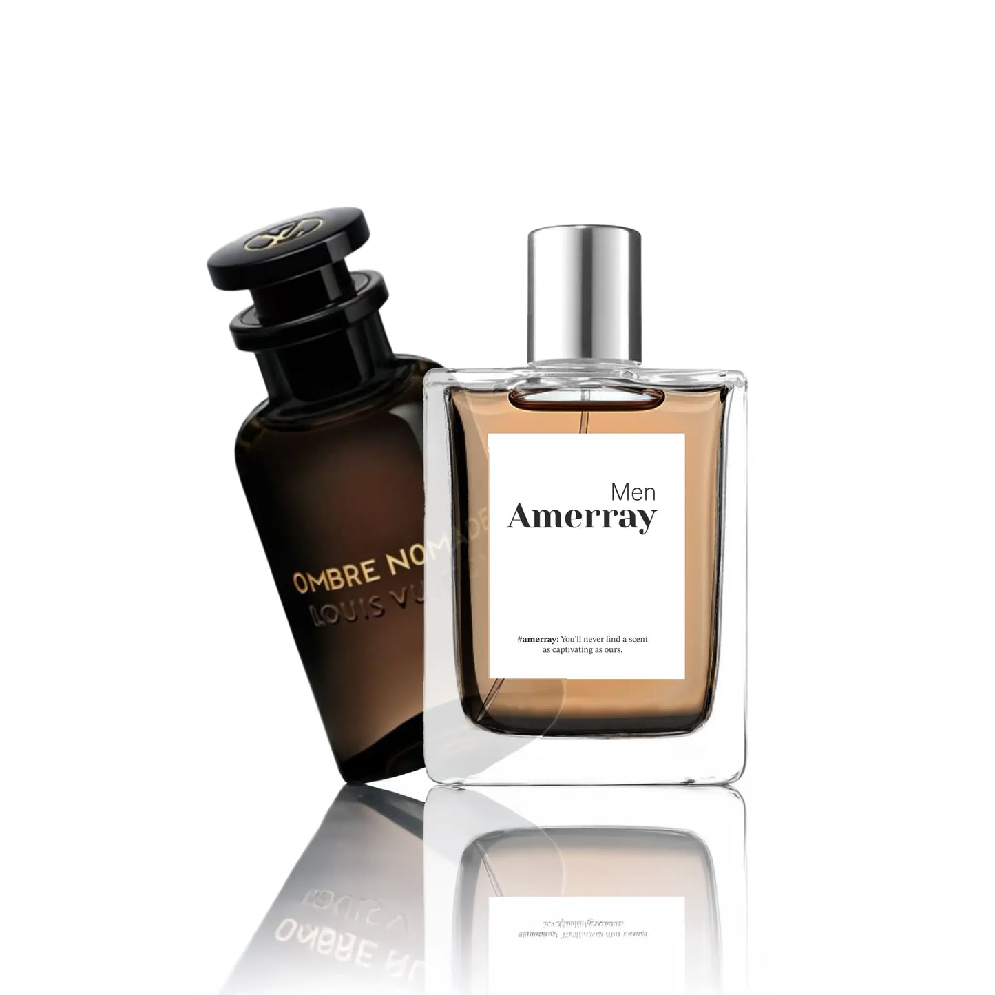 Ombre Nomade Parfum Maroc – flacon élégant marron foncé à côté du parfum Amerray Men sur fond blanc luxueux.