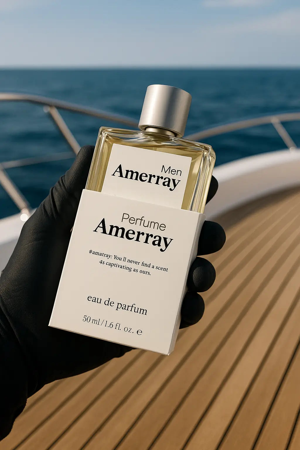 Ombre Nomade parfum Maroc tenu à la main avec gant noir sur un yacht, mer bleue en arrière-plan — parfum Amerray élégant.