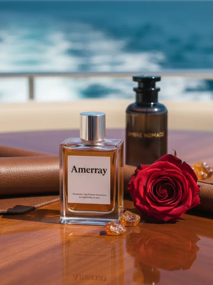 Ombre Nomade parfum Maroc sur table de yacht avec parfum Amerray, rose rouge et mer en arrière-plan.