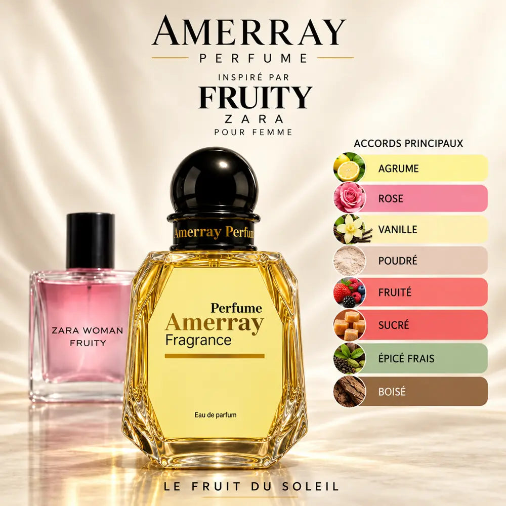 Amerray inspiré par Fruity Zara – accords agrume · rose · vanille · poudré · fruité · sucré · épicé frais · boisé