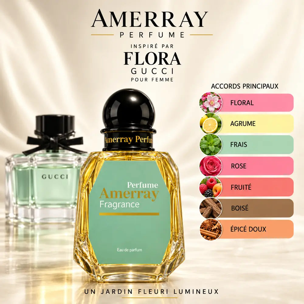 Amerray inspiré par Flora Gucci – accords floral · agrume · frais · rose · fruité · boisé · épicé doux