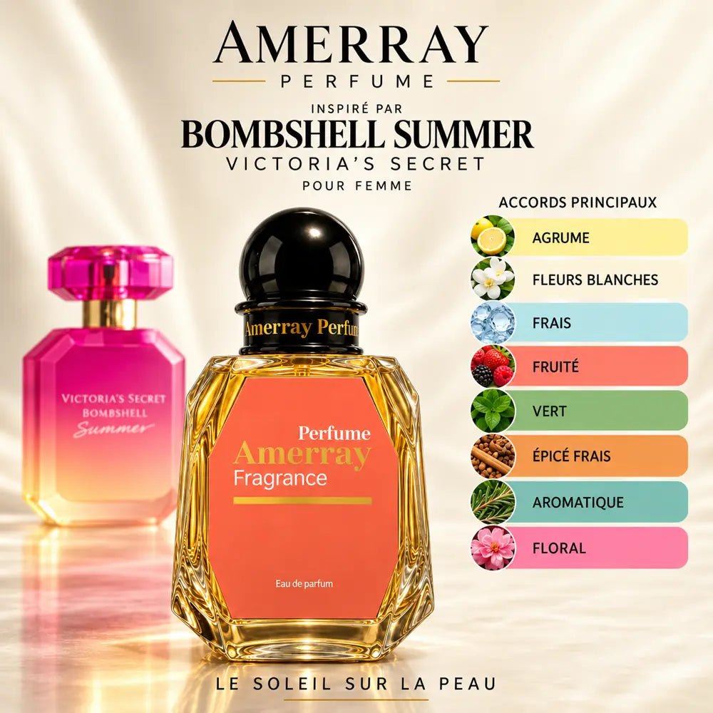 Amerray inspiré par Bombshell Summer Victoria's Secret – accords agrume · fleurs blanches · frais · fruité · vert · épicé frais · aromatique · floral
