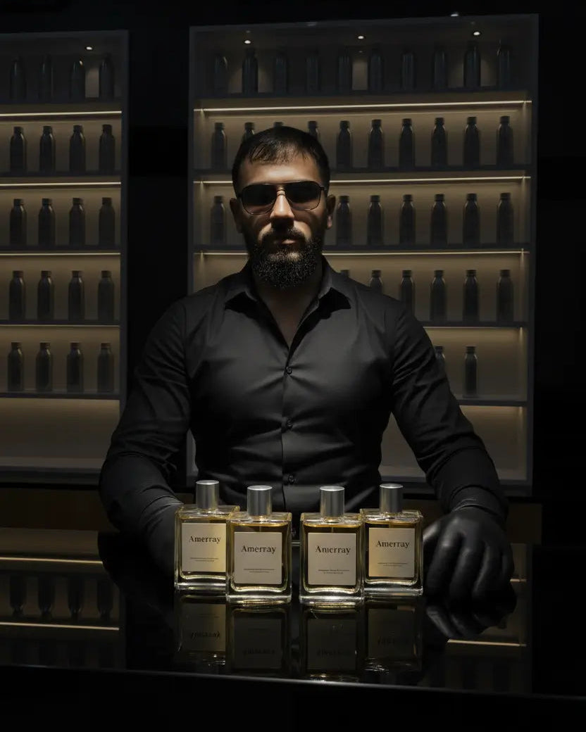 Homme en chemise noire avec parfums Amerray sur table noire dans boutique de parfums au Maroc