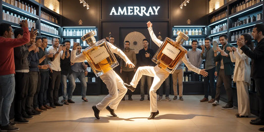 Deux flacons de parfum dansent au centre d'une boutique Amerray, entourés de clients qui applaudissent et filment la scène.