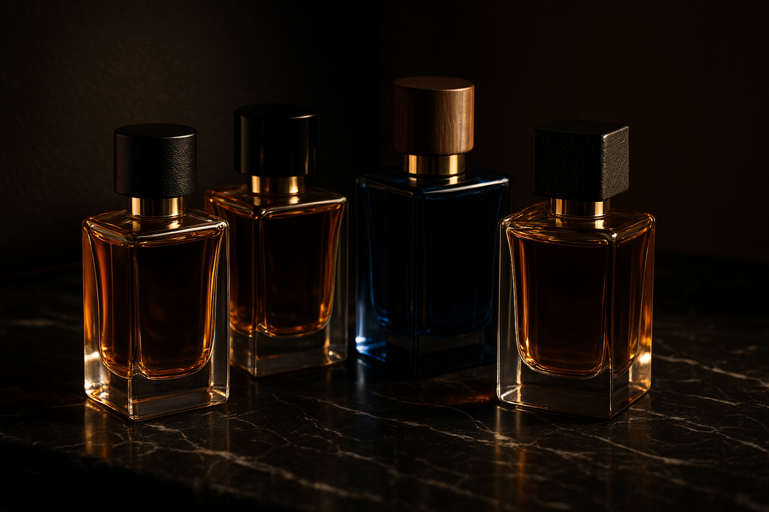 Elegant luxury men’s perfume bottles on dark marble with warm golden light, sophisticated masculine fragrance display with leather and wood details, cinematic 4K product photo.
