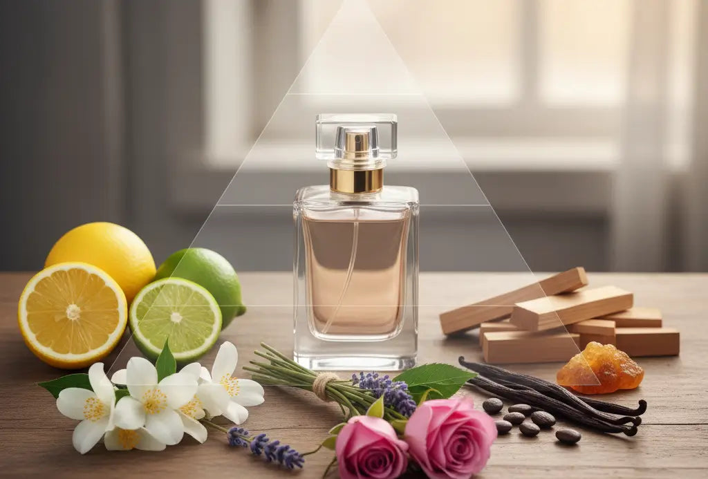 صورة لزجاجة عطر ومكونات تمثل النوتات العليا (حمضيات)، الوسطى (زهور)، والقاعدة (خشب). تعبر عن تركيب العطر ببساطة."