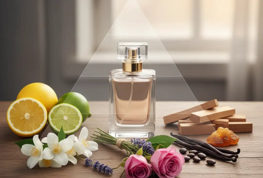 صورة لزجاجة عطر ومكونات تمثل النوتات العليا (حمضيات)، الوسطى (زهور)، والقاعدة (خشب). تعبر عن تركيب العطر ببساطة."