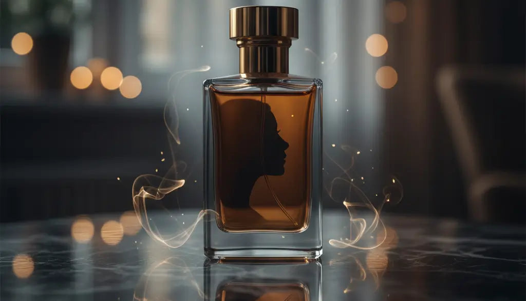 تظهر زجاجة عطر فاخرة مع انعكاسات ضوئية خافتة أو ظل يعبر عن شخصية، ربما يظهر انعكاس وجه أو صورة ظلية في الزجاجة أو على سطح لامع. تعبر عن العطر كمرآة للشخصية والبحث عن الرائحة المثالية."
