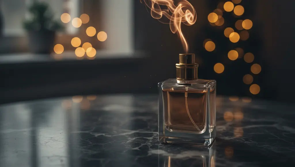 صورة لزجاجة عطر تبدو وكأن الرائحة تتلاشى منها بسرعة، مع تأثير بصري خفيف أو رذاذ يختفي. تعبر عن مشكلة عدم دوام رائحة العطر."