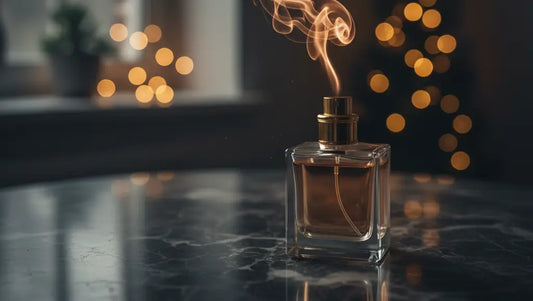صورة لزجاجة عطر تبدو وكأن الرائحة تتلاشى منها بسرعة، مع تأثير بصري خفيف أو رذاذ يختفي. تعبر عن مشكلة عدم دوام رائحة العطر."