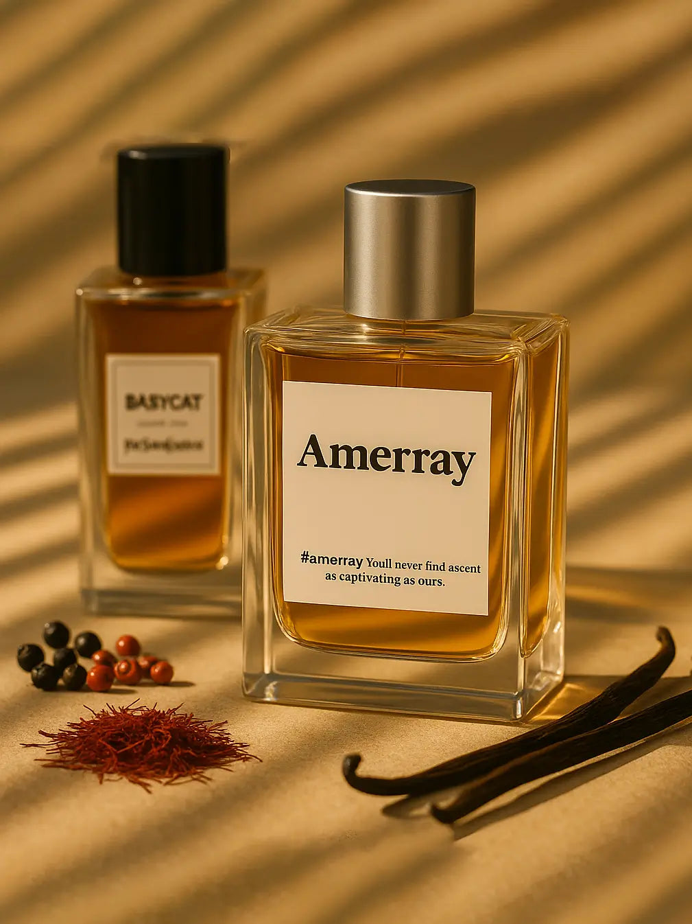 Flacon Amerray au premier plan avec liquide ambré, Babycat YSL en arrière-plan flou, entourés de poivre noir et rose, safran et gousses de vanille, sous des lignes de lumière solaire élégantes