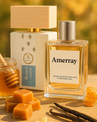 Amerray parfum Maroc avec Bianco Latte en arrière-plan, entouré de caramel, miel et gousses de vanille, photo élégante en lumière dorée.