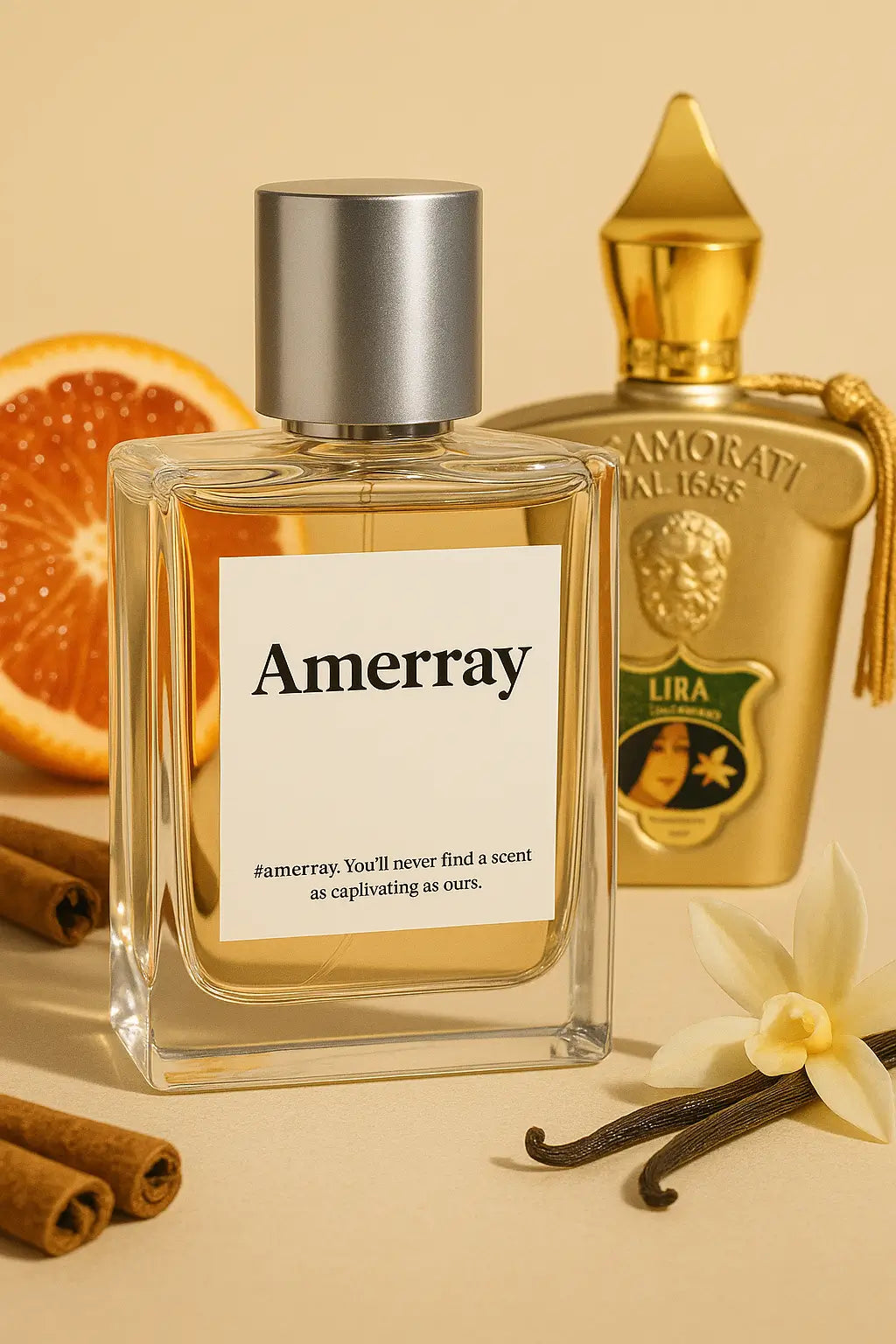 Deux parfums Amerray et Lira Casamorati posés avec des ingrédients raffinés : orange sanguine, bâtons de cannelle et gousses de vanille sur fond neutre, photo élégante pour parfum Maroc.
