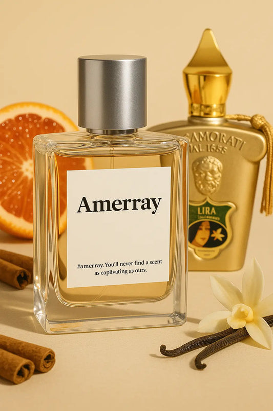 Deux parfums Amerray et Lira Casamorati posés avec des ingrédients raffinés : orange sanguine, bâtons de cannelle et gousses de vanille sur fond neutre, photo élégante pour parfum Maroc.