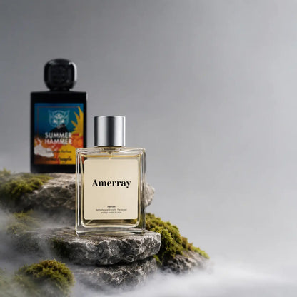 Summer Hammer Lorenzo Pazzaglia Maroc - parfum d'été tropical avec notes d'ananas, mangue et agrumes, présenté sur pierres naturelles dans un studio de luxe