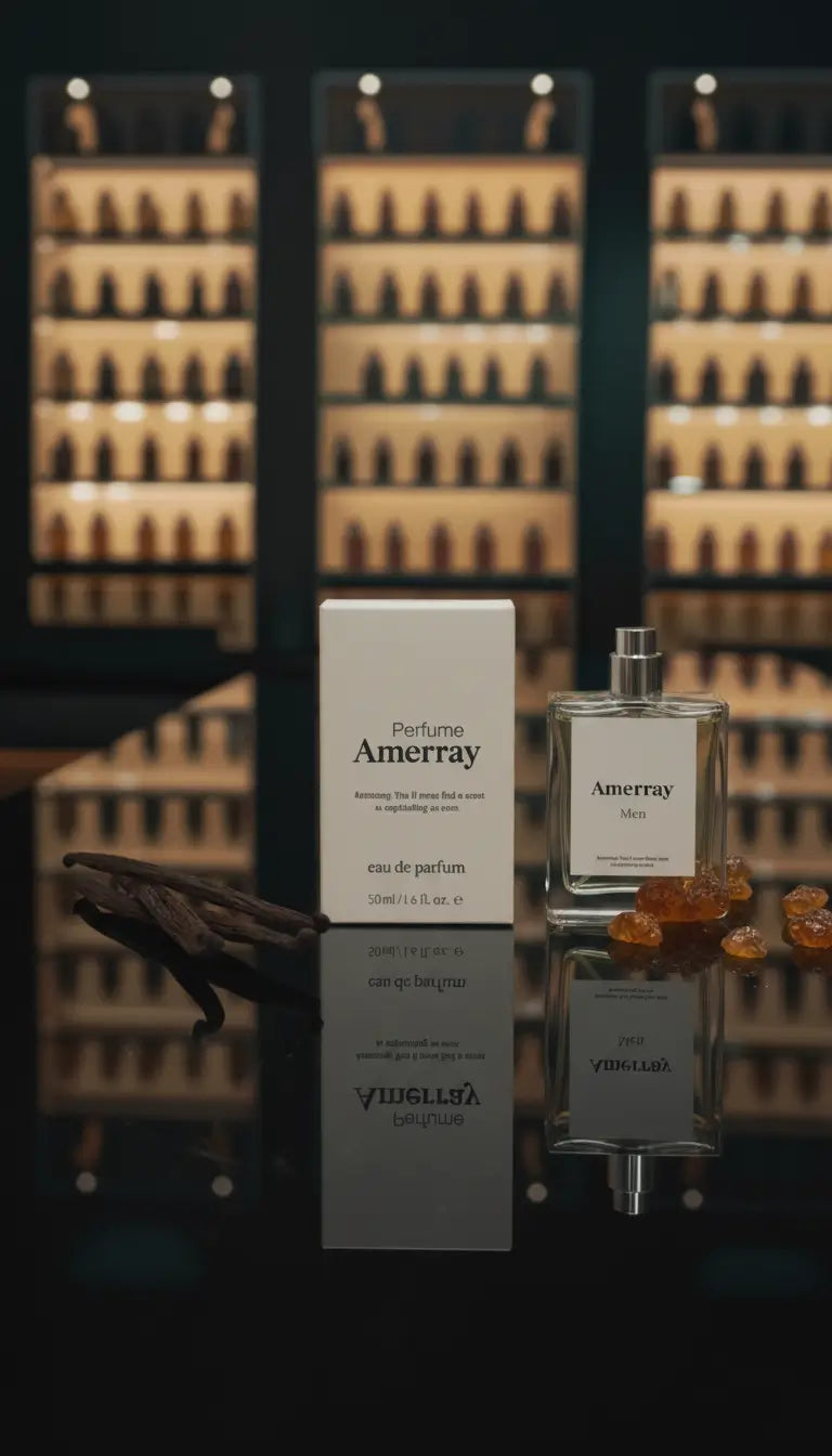 Flacon et boîte du parfum Amerray Men posés sur une table noire brillante, entourés de gousses de vanille et de cristaux d’ambre, dans une parfumerie moderne éclairée.