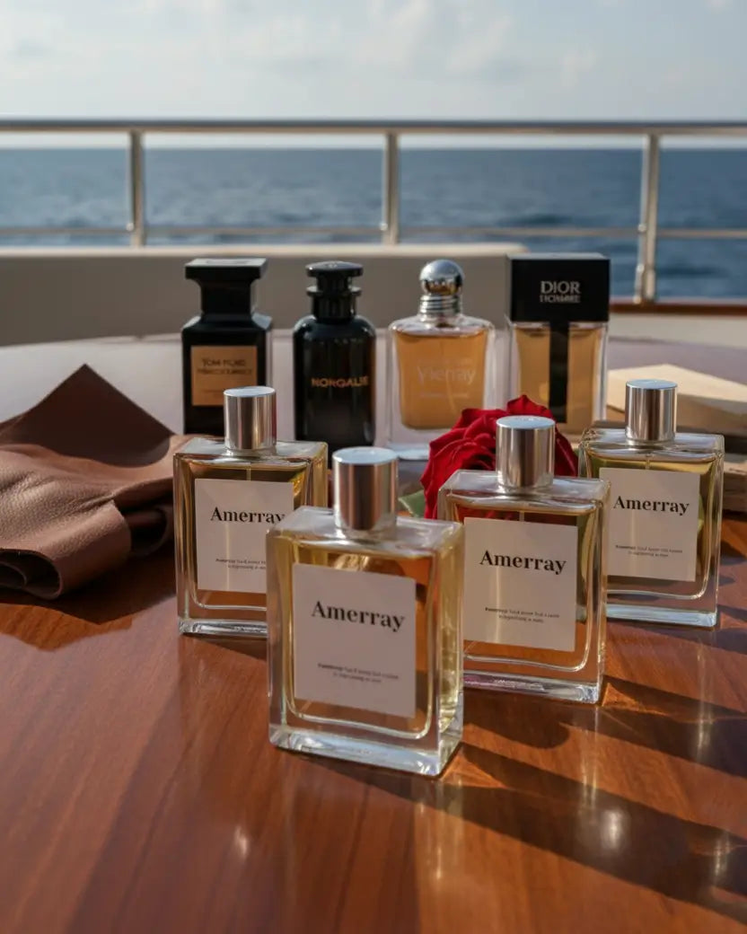 Quatre parfums Amerray posés sur une table de yacht avec vue mer, entourés d’autres flacons de luxe – photo élégante pour parfum Maroc.