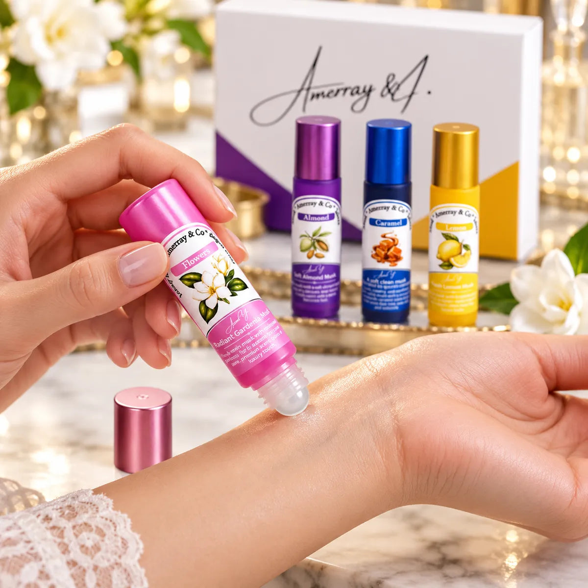 Coffret Musk Tahara Roll-on 4 Senteurs – Almond, Flowers, Caramel, Lemon