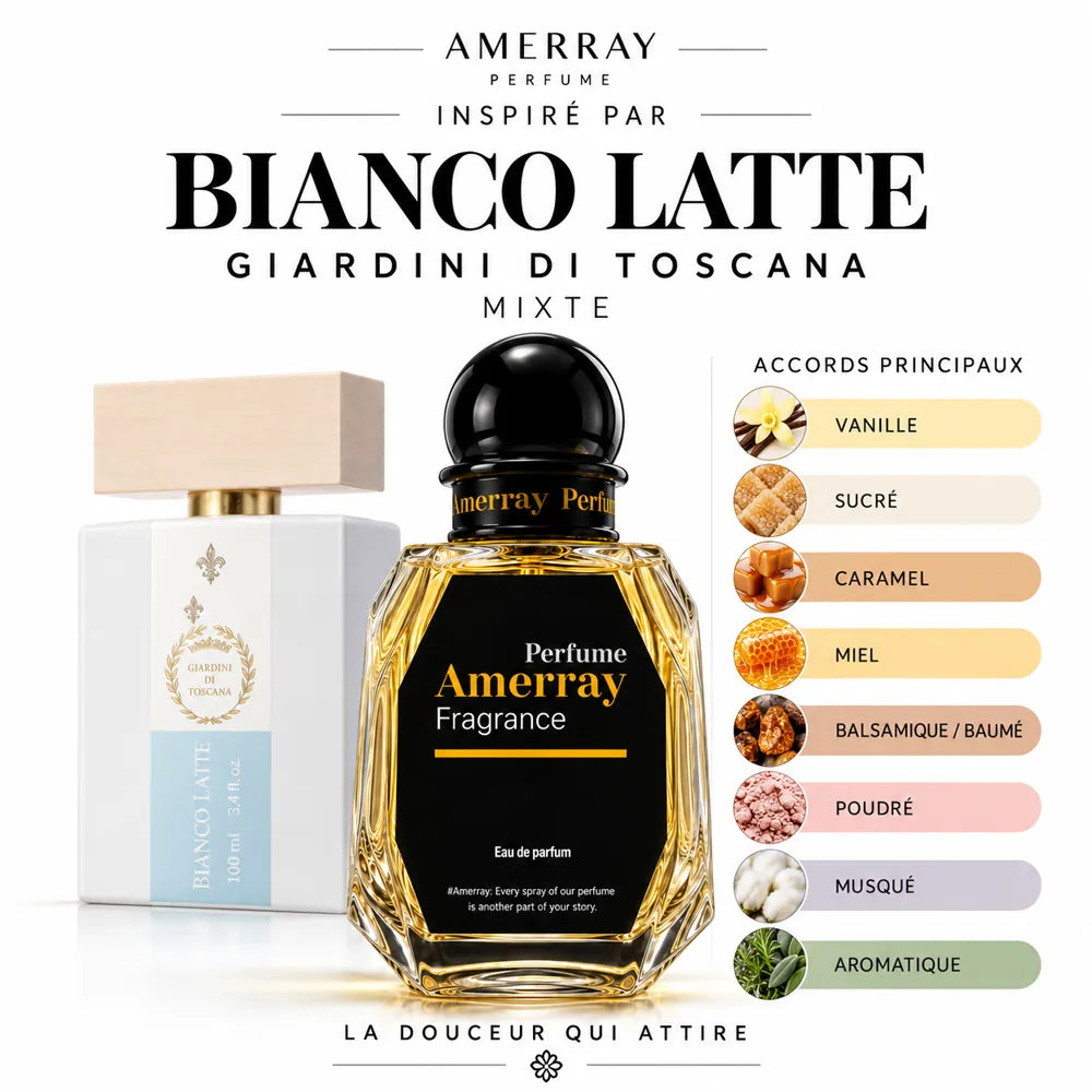 Amerray inspiré par Bianco Latte Giardini di Toscana – accords vanille · sucré · caramel · miel · balsamique/baumé · poudré · musqué · aromatique