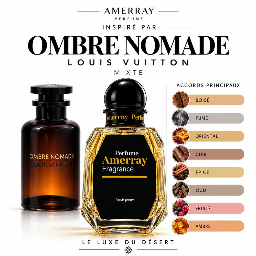 Amerray inspiré par Ombre Nomade Louis Vuitton – accords boisé · fumé · oriental · cuir · épicé · oud · fruité · ambre