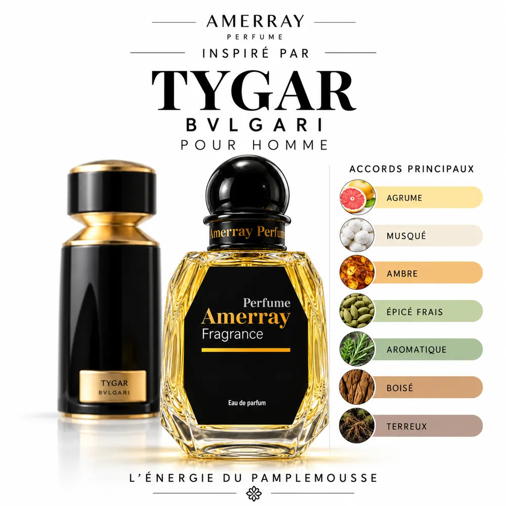 Amerray inspiré par Tygar Bvlgari – accords agrume · musqué · ambre · épicé frais · aromatique · boisé · terreux