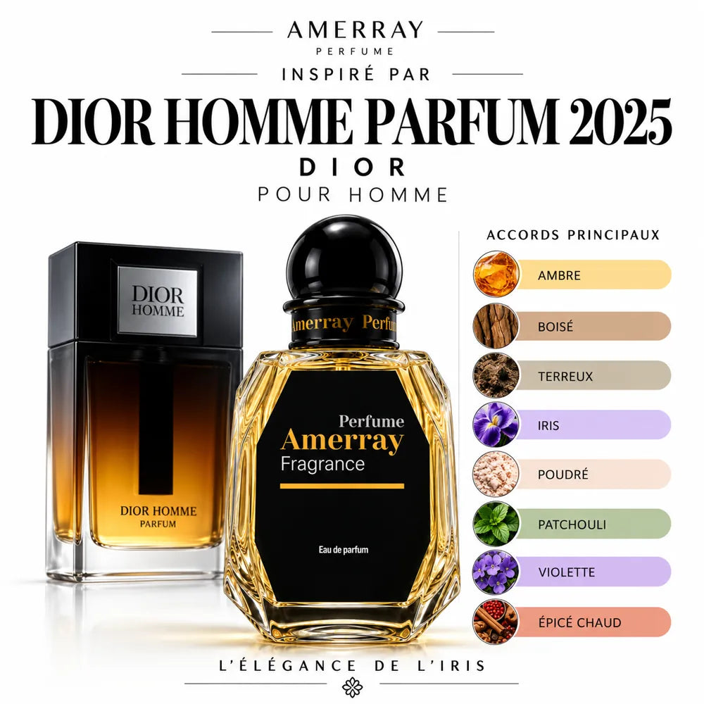 Amerray inspiré par Dior Homme Parfum 2025 Dior – accords ambre · boisé · terreux · iris · poudré · patchouli · violette · épicé chaud
