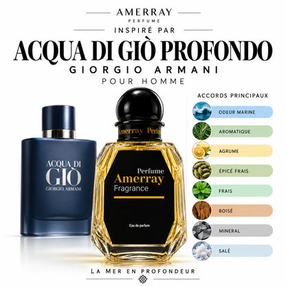 Amerray inspiré par Acqua di Giò Profondo Giorgio Armani – accords odeur marine · aromatique · agrume · épicé frais · frais · boisé · mineral · salé