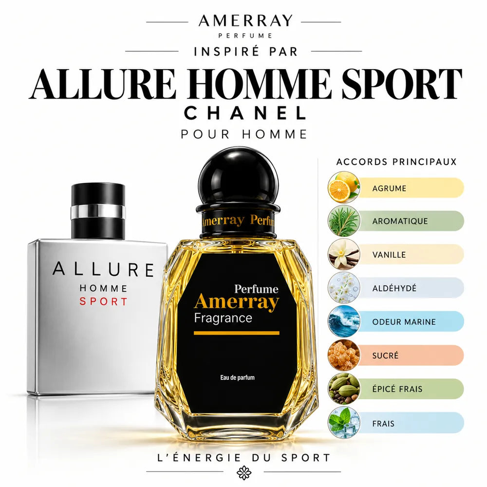 Amerray inspiré par Allure Homme Sport Chanel – accords agrume · aromatique · vanille · aldéhydé · odeur marine · sucré · épicé frais · frais