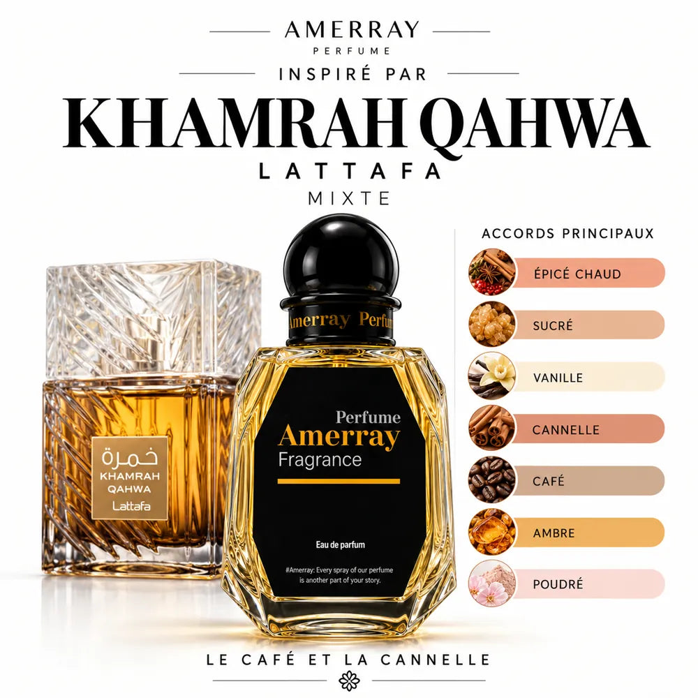 Amerray inspiré par Khamrah Qahwa Lattafa – accords épicé chaud · sucré · vanille · cannelle · café · ambre · poudré