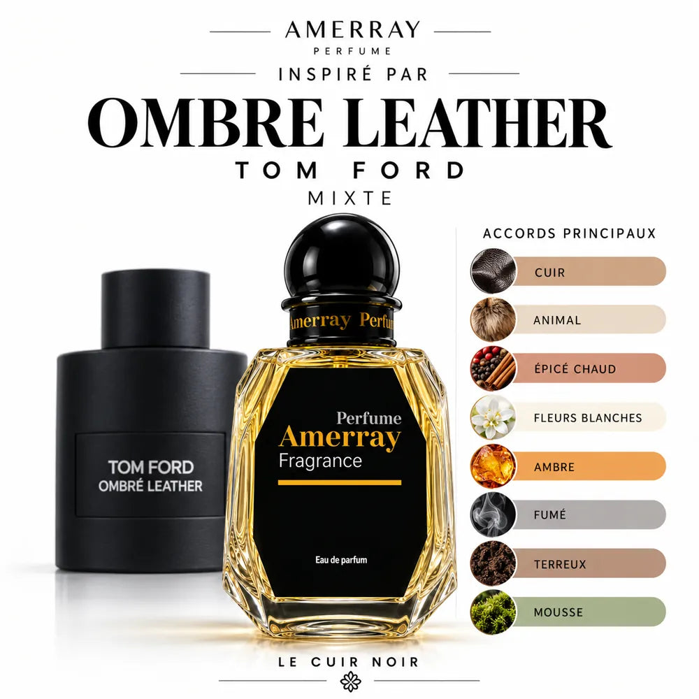 Amerray inspiré par Ombre Leather Tom Ford – accords cuir · animal · épicé chaud · fleurs blanches · ambre · fumé · terreux · mousse