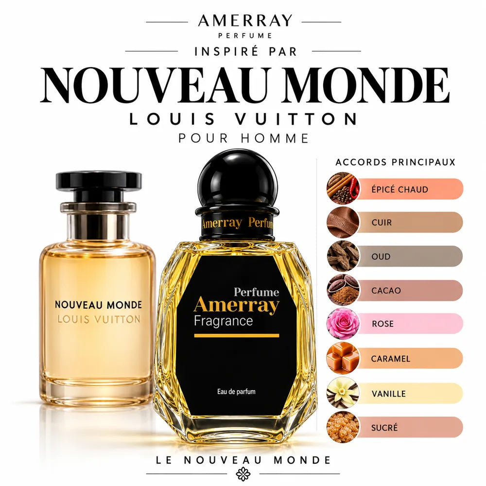 Amerray inspiré par Nouveau Monde Louis Vuitton – accords épicé chaud · cuir · oud · cacao · rose · caramel · vanille · sucré
