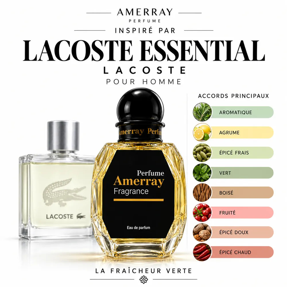 Amerray inspiré par Lacoste Essential Lacoste – accords aromatique · agrume · épicé frais · vert · boisé · fruité · épicé doux · épicé chaud