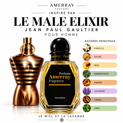 Amerray inspiré par Le Male Elixir Jean Paul Gaultier – accords vanille · sucré · miel · aromatique · ambre · lavande · tabac · vert