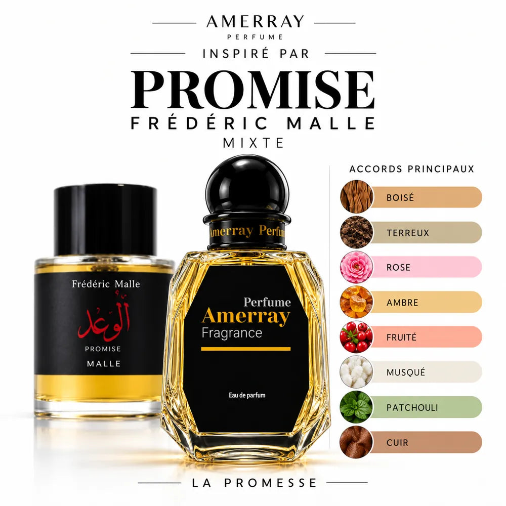 Amerray inspiré par Promise Frédéric Malle – accords boisé · terreux · rose · ambre · fruité · musqué · patchouli · cuir