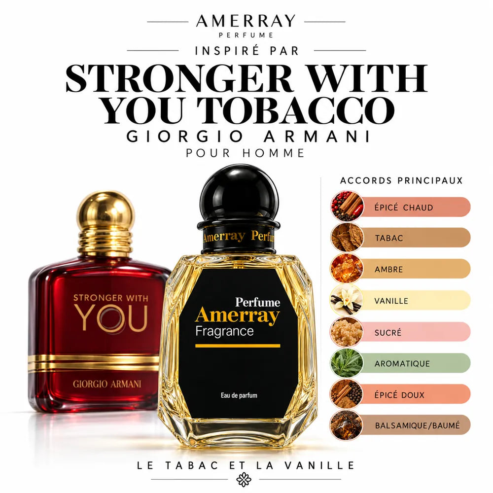 Amerray inspiré par Stronger With You Tobacco Giorgio Armani – accords épicé chaud · tabac · ambre · vanille · sucré · aromatique · épicé doux · balsamique/baumé