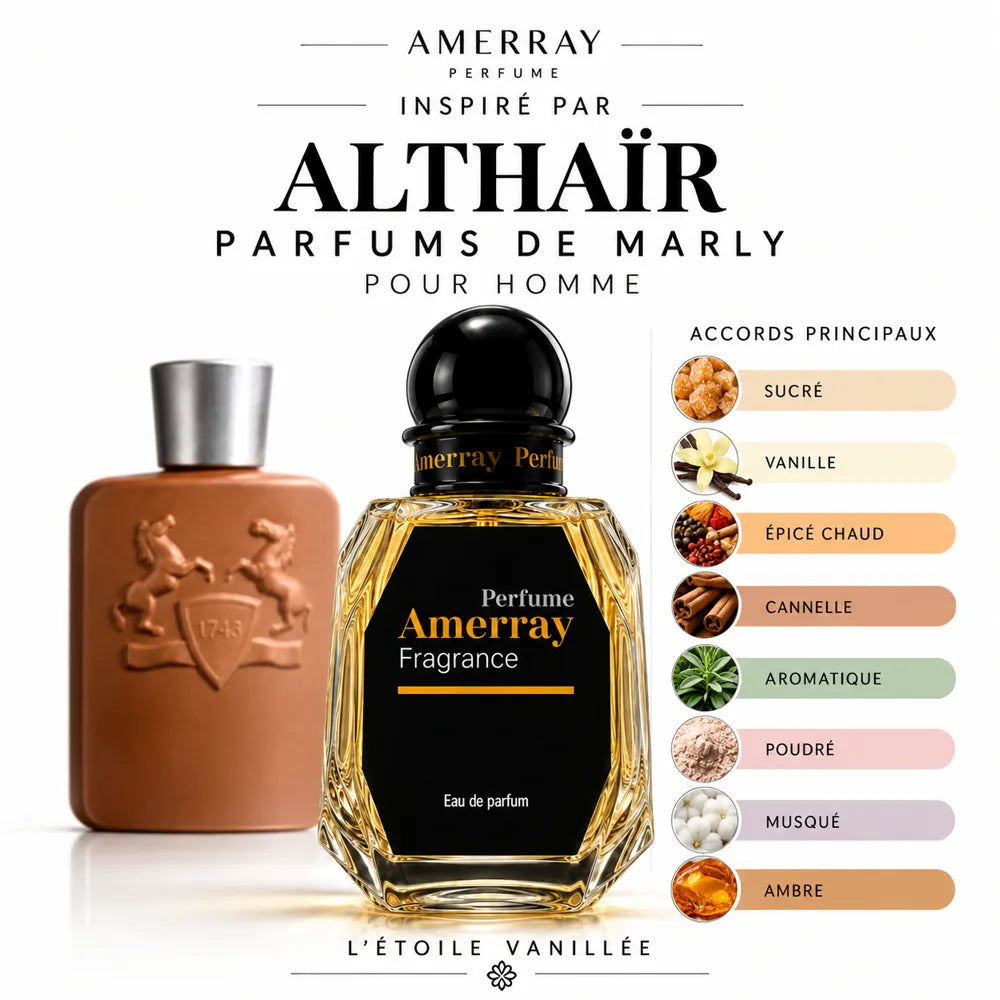 Amerray inspiré par Althaïr Parfums de Marly – accords sucré · vanille · épicé chaud · cannelle · aromatique · poudré · musqué · ambre