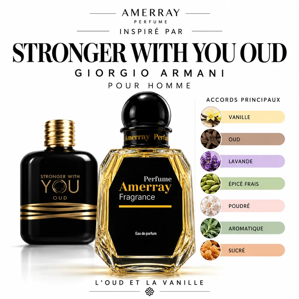 Amerray inspiré par Stronger With You Oud Giorgio Armani – accords vanille · oud · lavande · épicé frais · poudré · aromatique · sucré