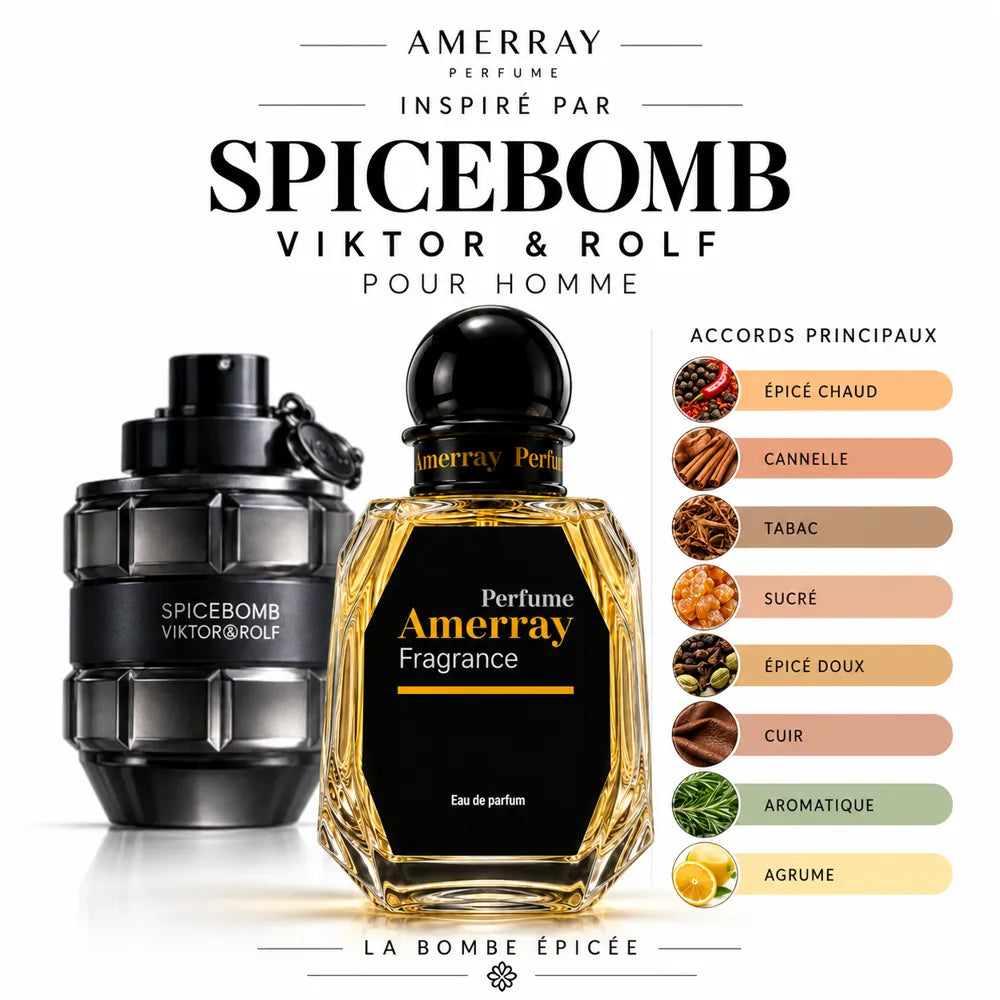 Amerray inspiré par Spicebomb Viktor & Rolf – accords épicé chaud · cannelle · tabac · sucré · épicé doux · cuir · aromatique · agrume
