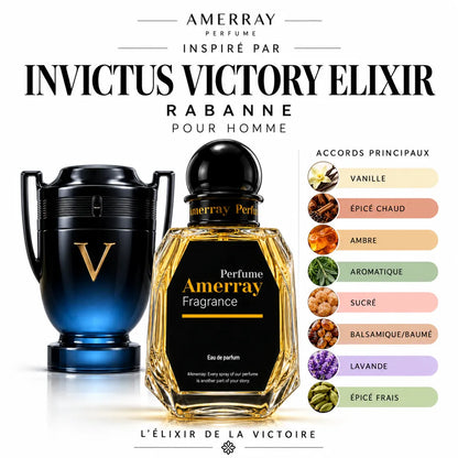 Amerray inspiré par Invictus Victory Elixir Rabanne – accords vanille · épicé chaud · ambre · aromatique · sucré · balsamique/baumé · lavande · épicé frais