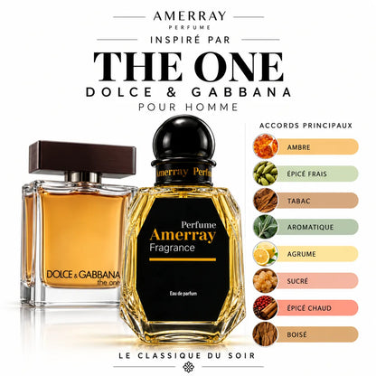 Amerray inspiré par The One Dolce & Gabbana – accords ambre · épicé frais · tabac · aromatique · agrume · sucré · épicé chaud · boisé