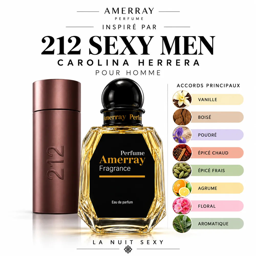 Amerray inspiré par 212 Sexy Men Carolina Herrera – accords vanille · boisé · poudré · épicé chaud · épicé frais · agrume · floral · aromatique