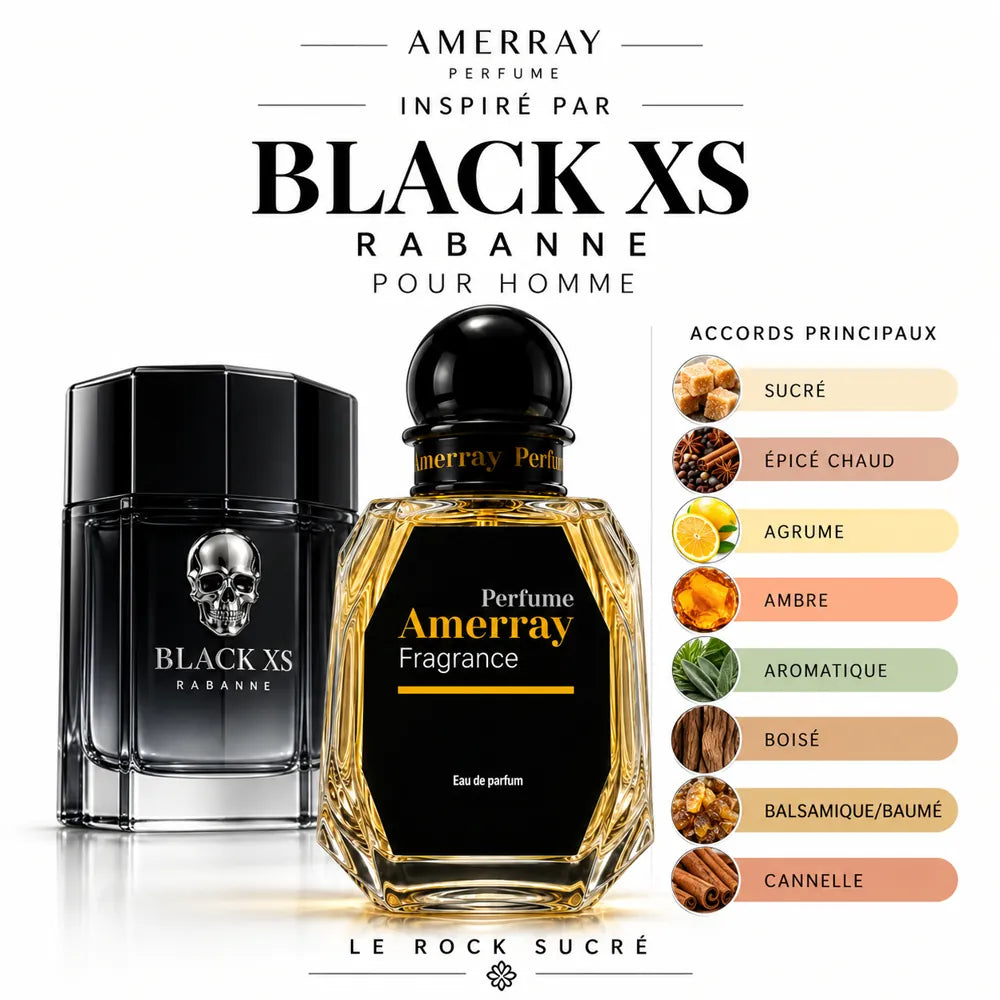 Amerray inspiré par Black XS Rabanne – accords sucré · épicé chaud · agrume · ambre · aromatique · boisé · balsamique/baumé · cannelle